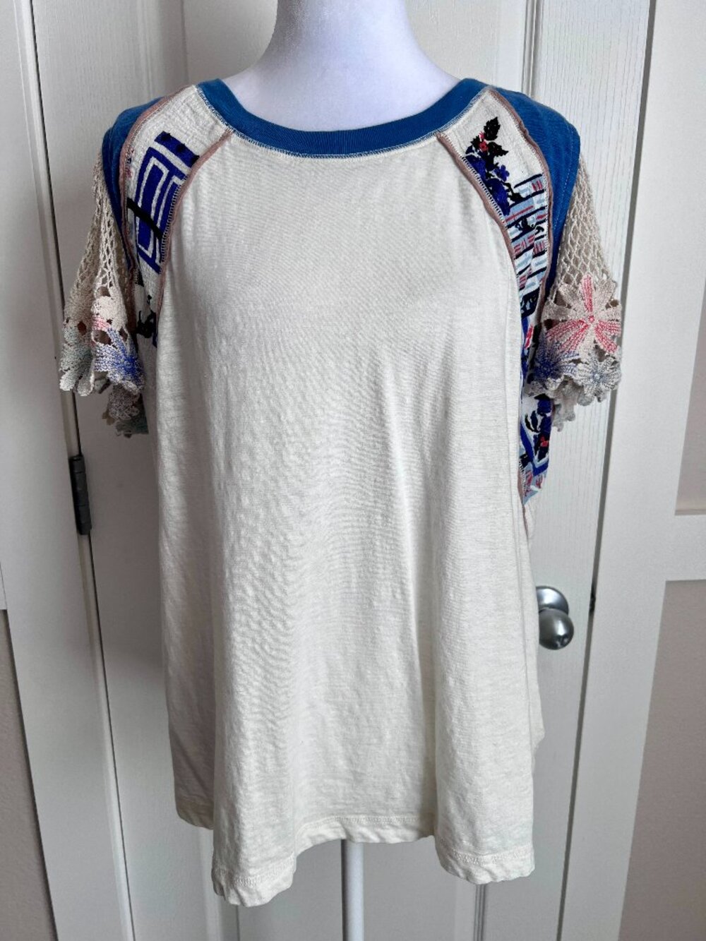 Free People "As If" Mixed Media Crochet Sleeve Tee - Size XL